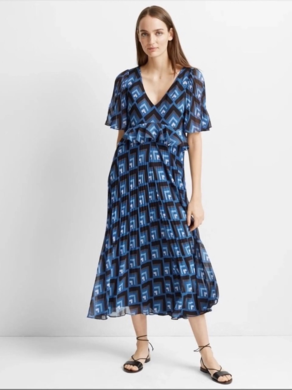 Club Monaco Blue Geometric V-Neck Midi Dress